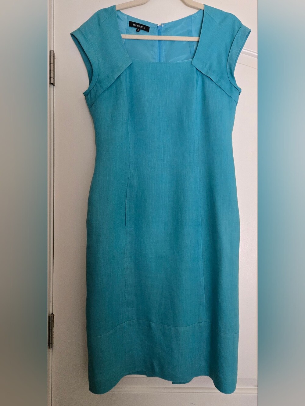 Lafyette 148 Turquoise Square-Neck Cap-Sleeve Sheath Linen Dress Size 6